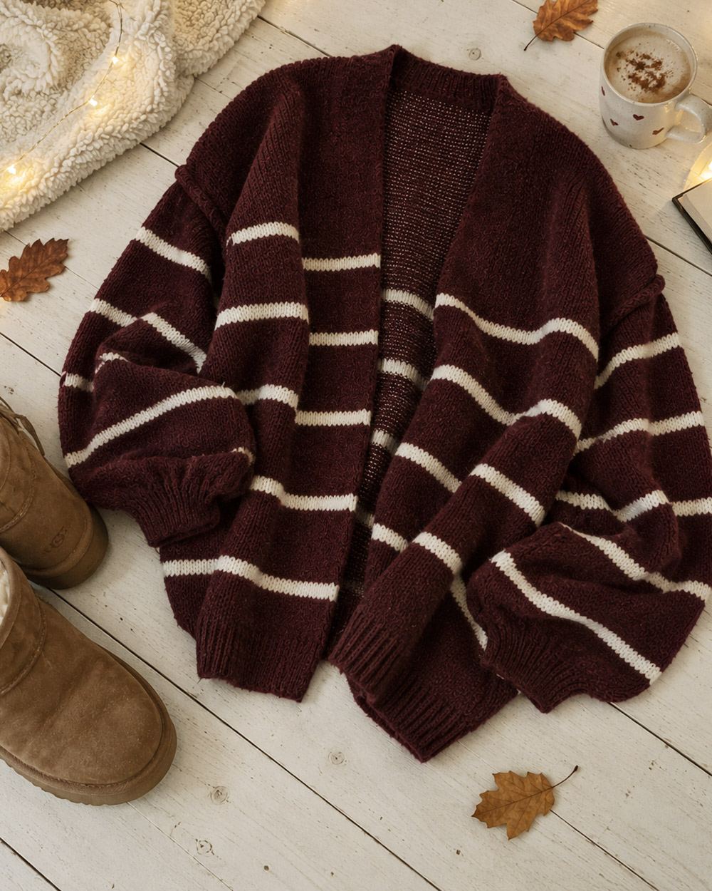Oversize-Strickjacke weinrot / weiß gestreift