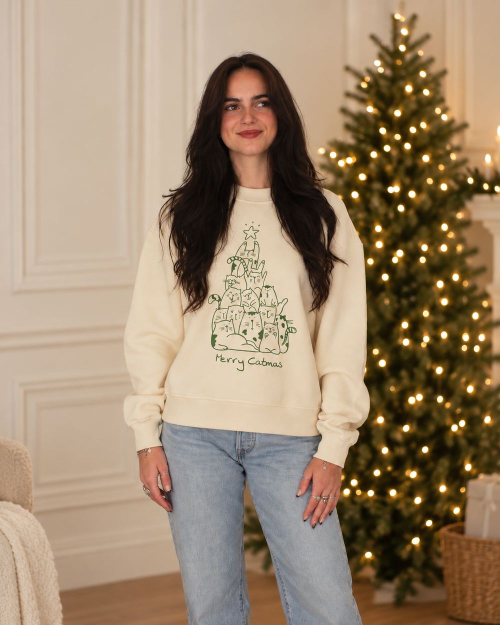 Merry Catmas Tree Sweater in beige